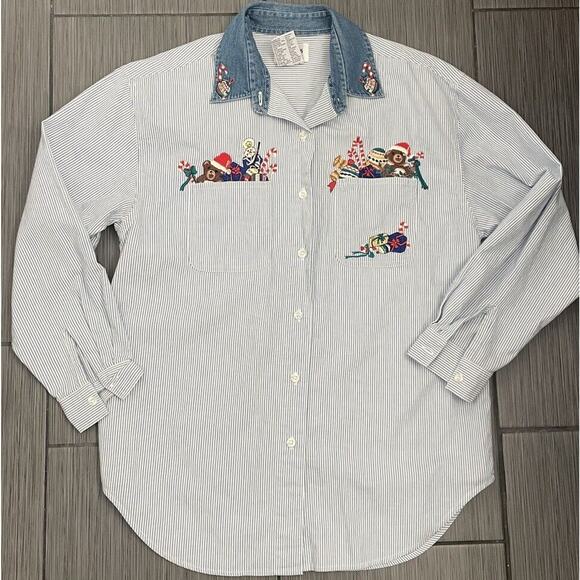 Vintage Womens Holiday Embroidered Blue Pinstripe Button Down Shirt Size Medium - Picture 1 of 8